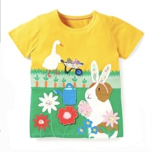 Mini Boden 100% Cotton  Bunny Floral Applique Lift The Flap Yellow Tshirt Sz 4-5